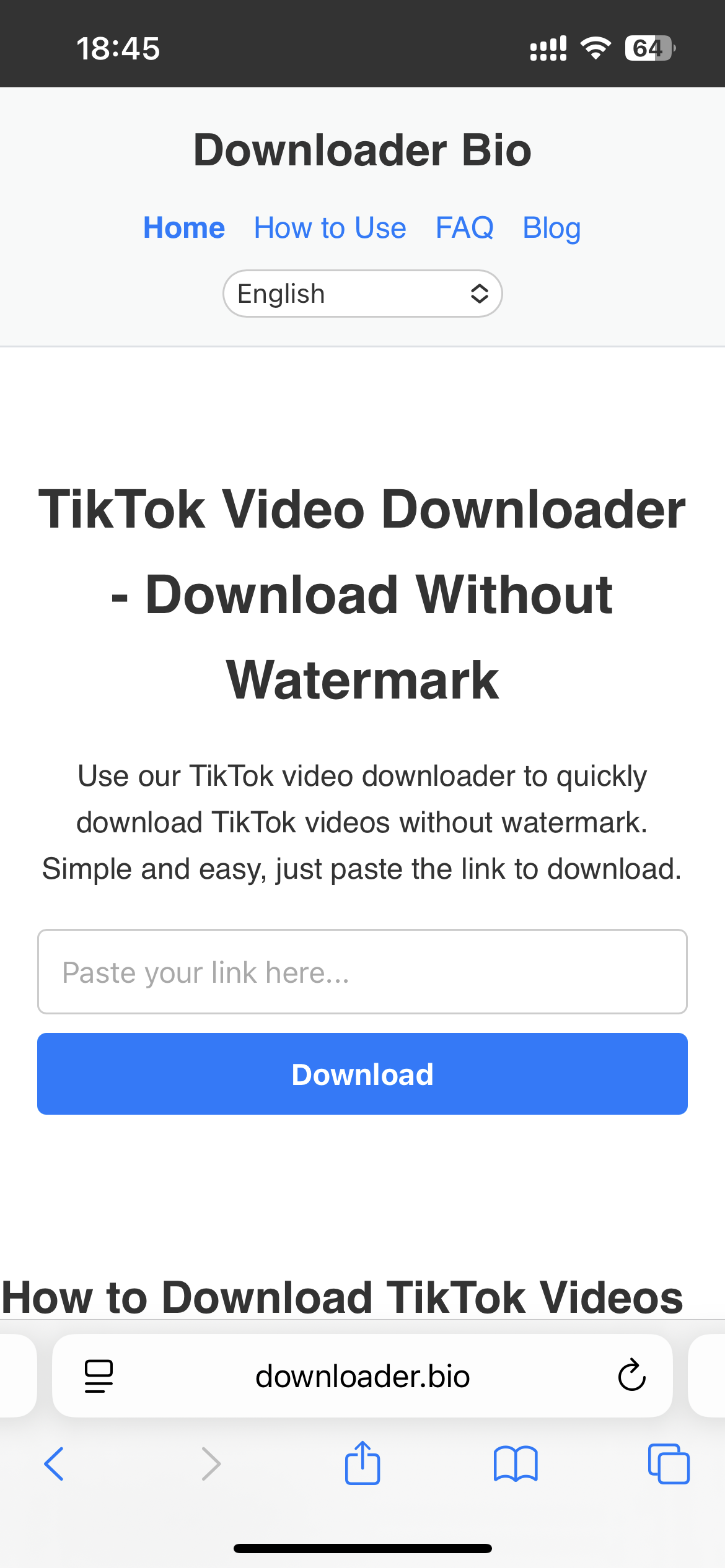 Место для скриншота: Главная страница Downloader.bio с полем для ввода ссылки.