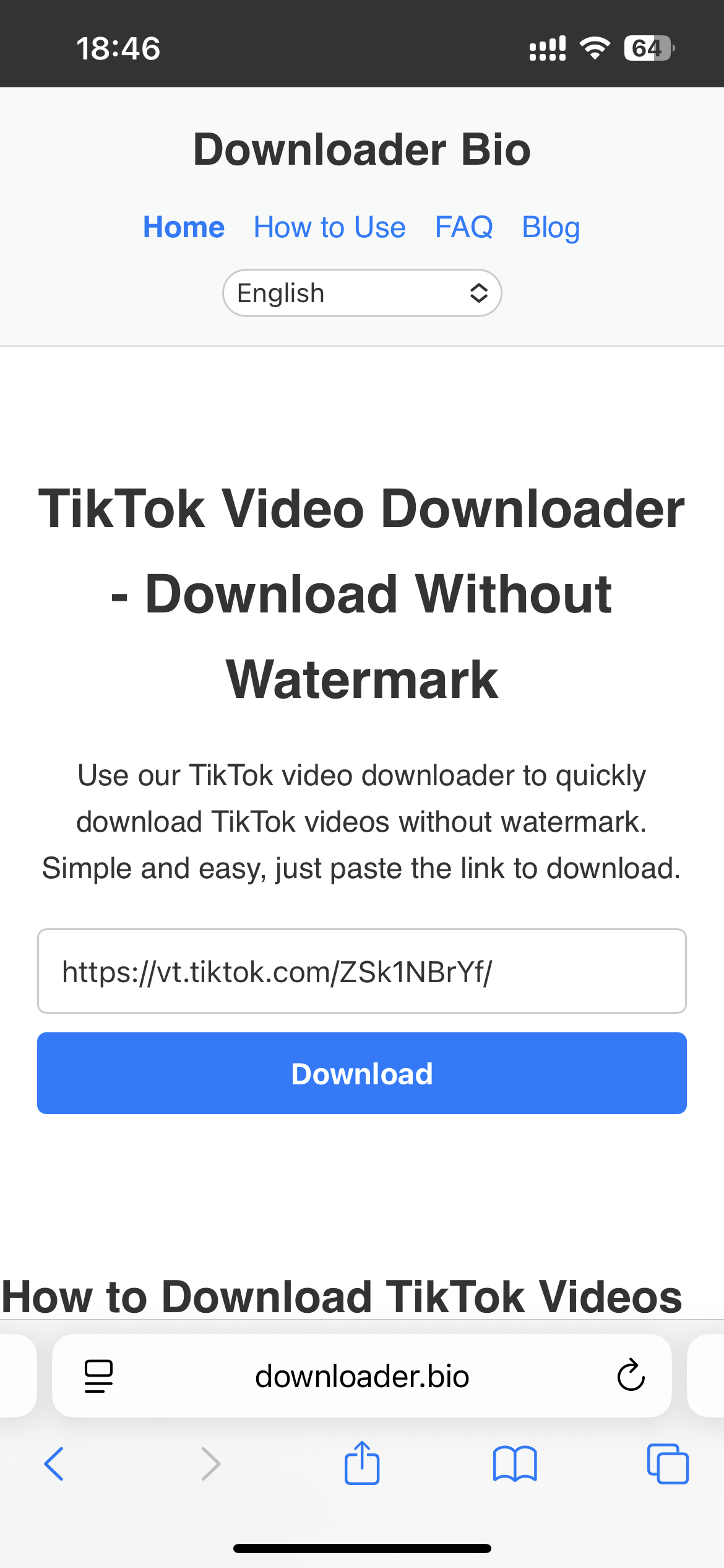 Место для скриншота: Ссылка, вставленная в поле ввода на сайте Downloader.bio.